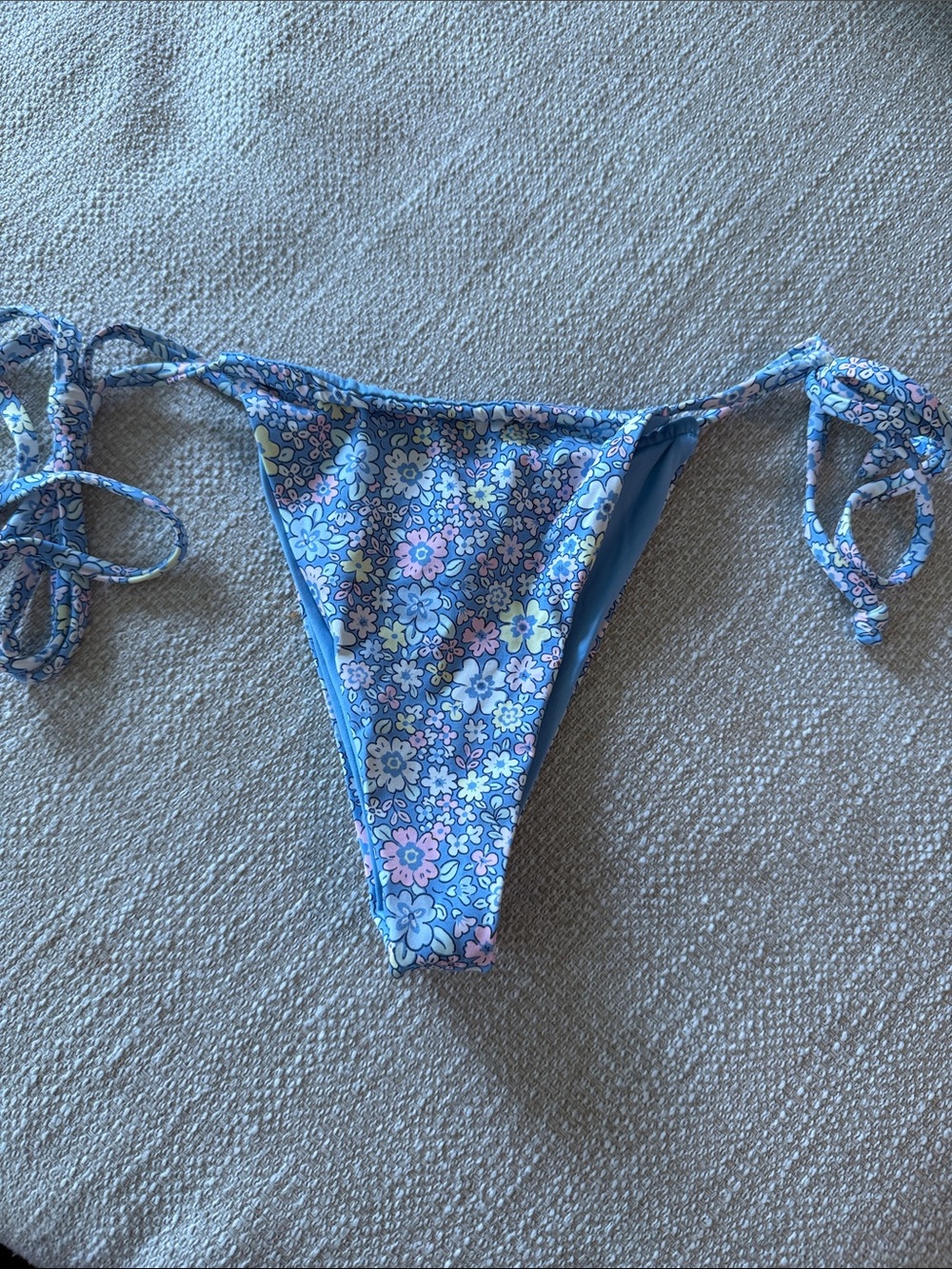Frankie's Bikinis Light Blue Bikini Bottom with Subtle Floral Trim